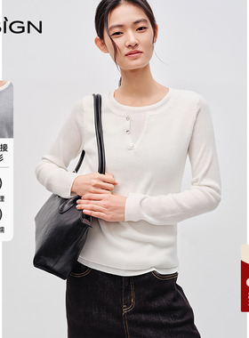 商场同款D.SIGN撞色圆领针织衫女2025年秋季新款修身显瘦打底上衣