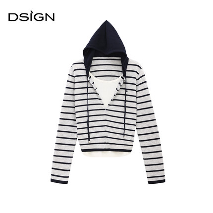 商场同款D.SIGN条纹撞色连帽针织衫女2025秋季新款假两件显瘦上衣