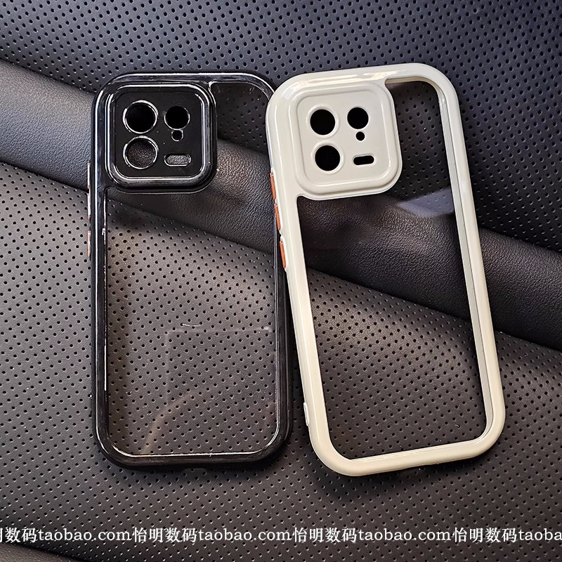 ins简约防滑适用小米14手机壳13pro红米K60椭圆边K50透明K40亚克力10s撞色边框note12pro+全包镜头防摔不发黄