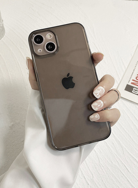透黑相框适用苹果15promax手机壳全包镜头直边14plus软硅胶13mini透明灰色12pro防摔11超薄XR简约xs/8/7/6sp