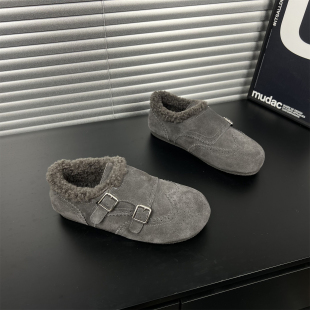 羊羔毛保暖搭扣布洛克乐福棉鞋 新款 女灰色2025冬季 真皮加绒勃肯鞋