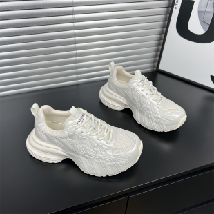 软底轻便百搭网面透气运动休闲鞋 新款 女2026春季 真皮厚底老爹鞋