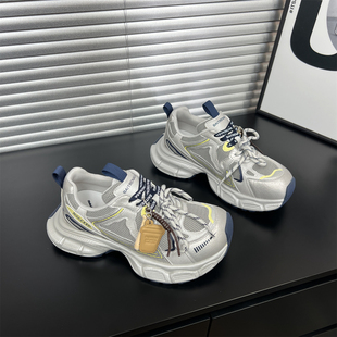 女2026春季 炸街休闲鞋 新款 爆款 网面透气运动鞋 真皮厚底拼色老爹鞋