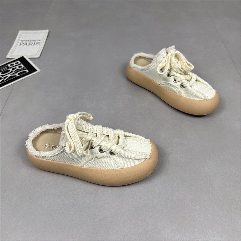 诺曼町女鞋2023春季新款圆头系带毛边半拖厚底一脚蹬帆布休闲鞋女