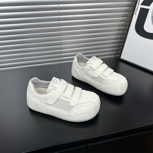 真皮内增高网面德训鞋女2026夏季新款圆头魔术贴显脚小休闲小白鞋