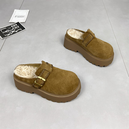 真皮包头勃肯鞋女7cm2025冬新款加绒小个子增高一脚蹬休闲棉拖鞋