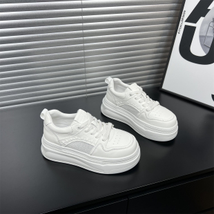 小个子7cm增高休闲板鞋 新款 女2026春夏季 真皮松糕厚底网面小白鞋