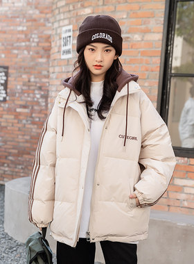 学院风白鸭绒加厚连帽羽绒服女