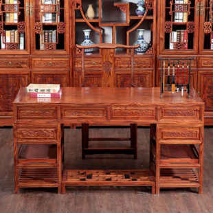 明清中式 桌办公桌中医诊桌 实木写字台榆木书桌椅组合雕花电脑台式