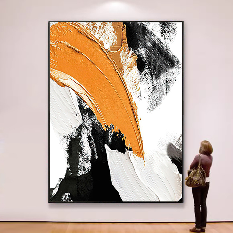 手绘油画现代玄关客厅背景墙挂画立体抽象黑白橙肌理画餐厅装饰画图片