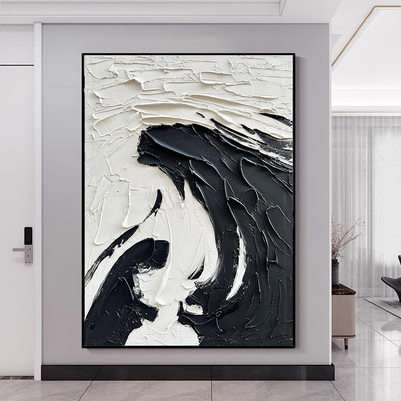 油画纯手绘立体玄关装饰画抽象黑白肌理现代客厅餐厅背景墙挂画图片