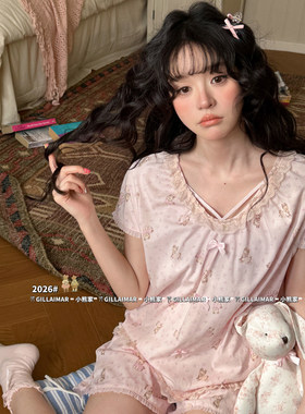 Gill Aimar小熊家睡衣女夏季甜美碎花花边短袖短裤家居服套装8615