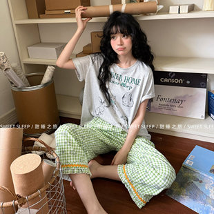 小熊家睡衣女款甜睡之旅夏季碎花花边裤子田园兔子短袖家居服套装