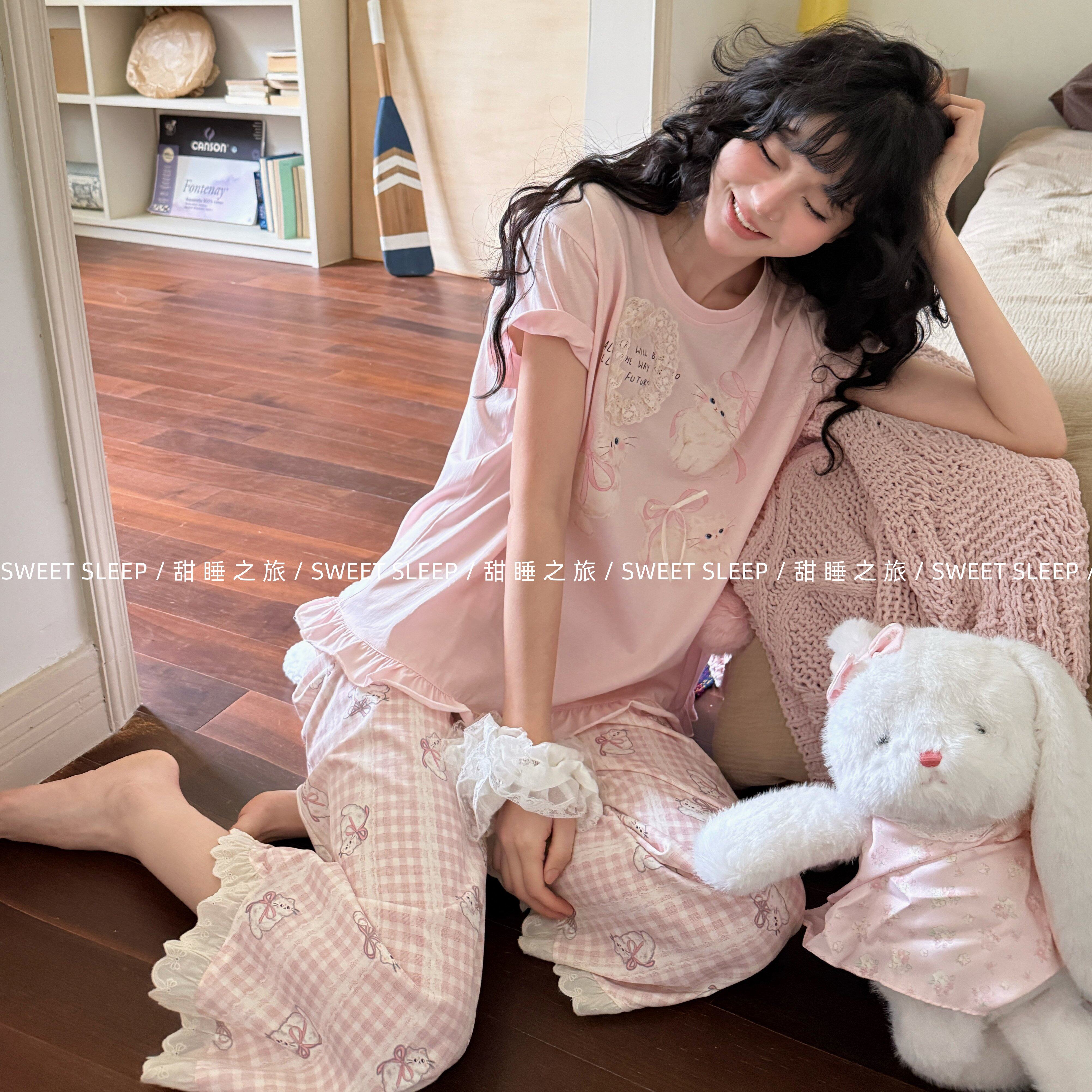 小熊家家居服甜睡之旅2026夏季可爱卡通小猫花边睡衣套装女可外穿