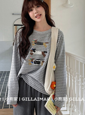 小熊家Gill Aimar条纹腊肠狗睡衣女款秋季波点长裤长袖家居服套装