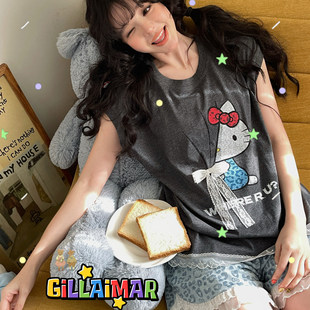Gill Aimar小熊家睡衣女夏季甜美花边豹纹短袖短裤家居服套装8598