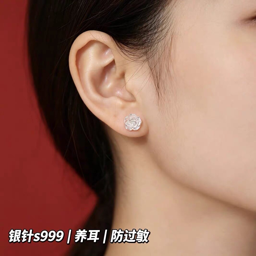 韩国【设计师】Charms 999银针耳钉女山茶花养耳洞耳环花朵耳饰女