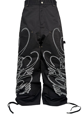 [PCCVISION] 3MAN0N PCB银色花体珠片绣双膝黑色宽松baggy伐木裤