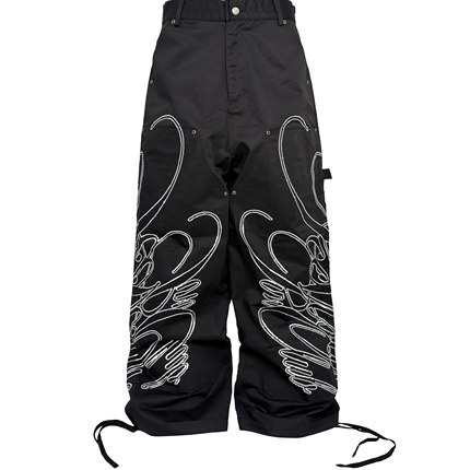 [PCCVISION] 3MAN0N PCB银色花体珠片绣双膝黑色宽松baggy伐木裤