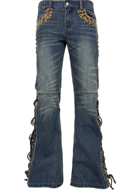 [PCCVISION] 3MAN0N 马毛豹纹铆钉绑带竹节纹蓝色水洗喇叭牛仔裤