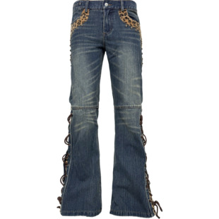 [PCCVISION] 3MAN0N 马毛豹纹铆钉绑带竹节纹蓝色水洗喇叭牛仔裤