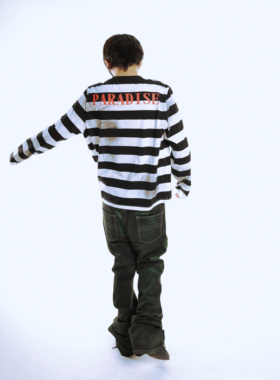 [PCCVISION] 3MAN0N 333PARADISE黑白条纹做旧做脏长袖印花t恤