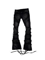 [PCCVISION] 3MAN0N lace-up black and blue two-tone distressed elastic tight women's flared pants thumbnail 2
