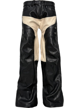[PCCVISION] 3MAN0N 333机车肌理pu皮拼接刺绣黑色微喇赛车皮裤