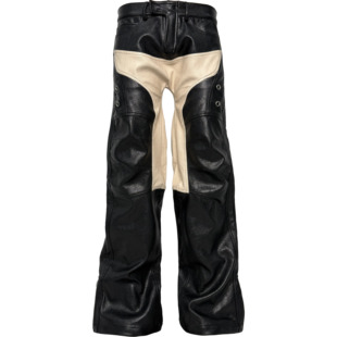 [PCCVISION] 3MAN0N 333机车肌理pu皮拼接刺绣黑色微喇赛车皮裤