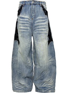 [PCCVISION] 3MAN0N 蕾丝拼接蓝黑双色baggy做旧宽松直筒牛仔裤