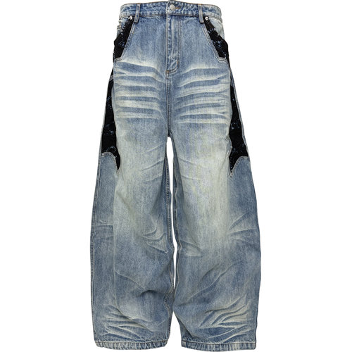 pccvision蕾丝拼接水洗牛仔裤