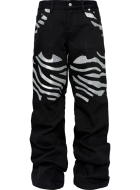 [PCCVISION] 3MAN0N 虎纹银色珠片绣黑色宽松直筒牛仔裤