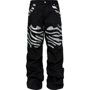 [PCCVISION] 3MAN0N 虎纹银色珠片绣黑色宽松直筒牛仔裤