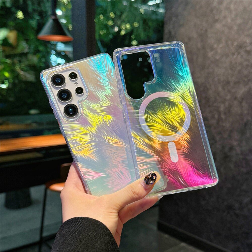 彩镀羽毛适用于三星S26ultra/S25ultra/S24FE磁吸手机壳S26+渐变色S24ultra变色S25FE炫彩S26/S25/S24羽纱