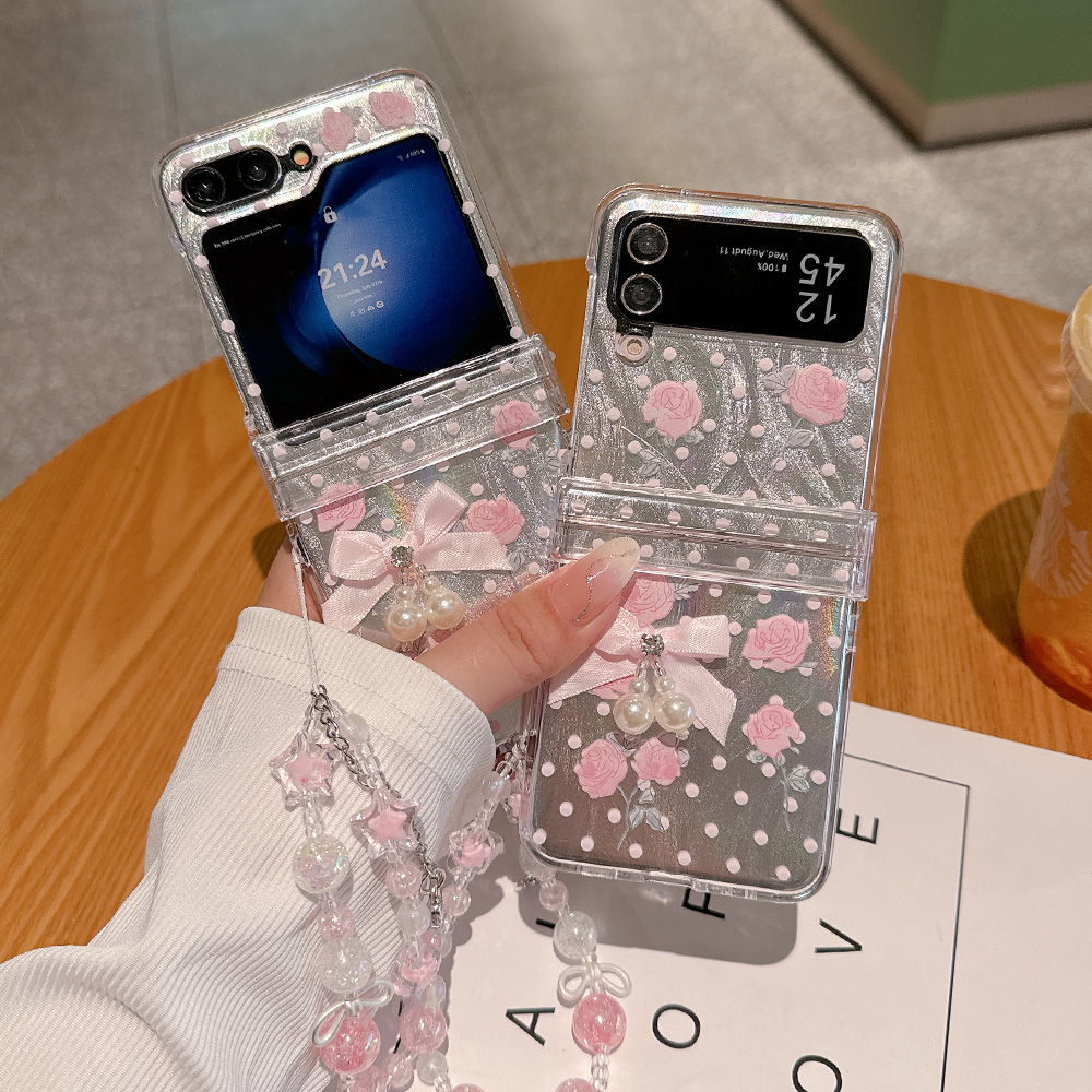 适用于三星Zflip7/Zflip6折叠手机壳手绘玫瑰SamsungZflip5蝴蝶结Zflip4带手链Zflip3透明保护套硬壳带挂绳