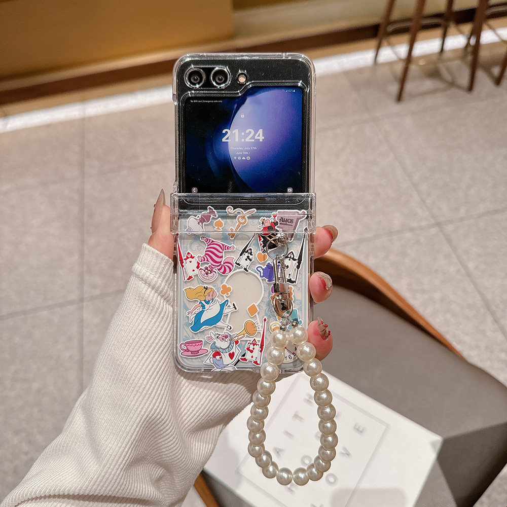 适用于三星Zflip8/Zflip7折叠手机壳爱丽丝Samsung Zflip6/7FE白雪公主Zflip5/4/3带手链童话透明保护套硬壳
