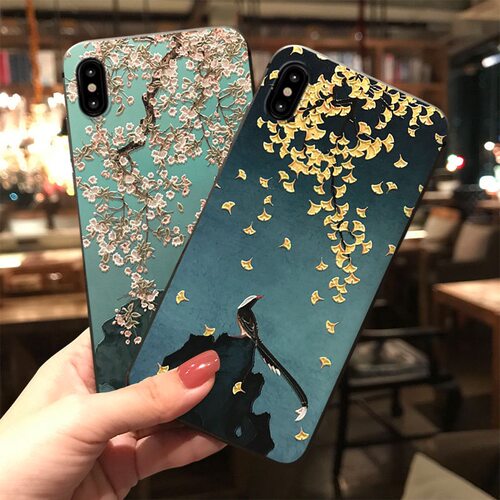 适用于iPhone17/16/15/14手机壳浮雕苹果12mini/16pro/xr银杏8plus花鸟xsmax国风15promax喜鹊16plus精致se