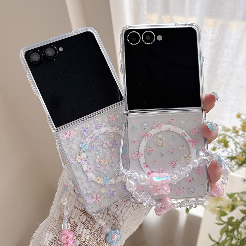 五彩樱花适用于三星Zflip8磁吸折叠手机壳Samsung Zflip7无线充电小碎花蝴蝶结透明硬壳带手链粉花三件套