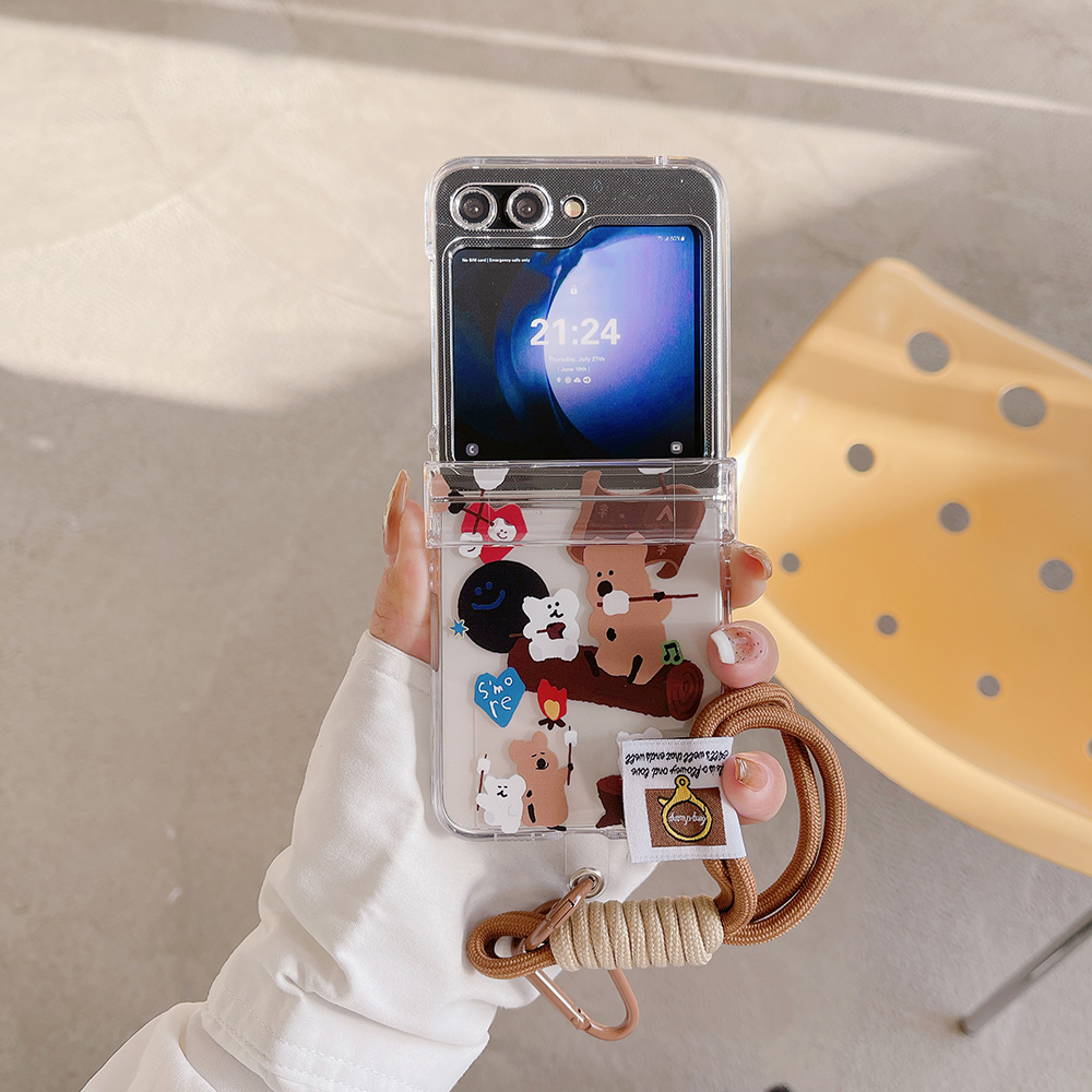 适用于三星Zflip7/Zflip6折叠手机壳韩国小熊Samsung Zflip5卡通Zflip4带手链Zflip3透明保护套硬壳带挂绳