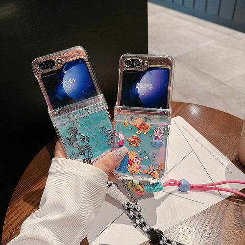 卡通适用于三星Zflip7/Zflip6折叠手机壳米奇Samsung Zfli5维尼Zflip4带手链Zflip3镭射纸透明保护套带挂绳
