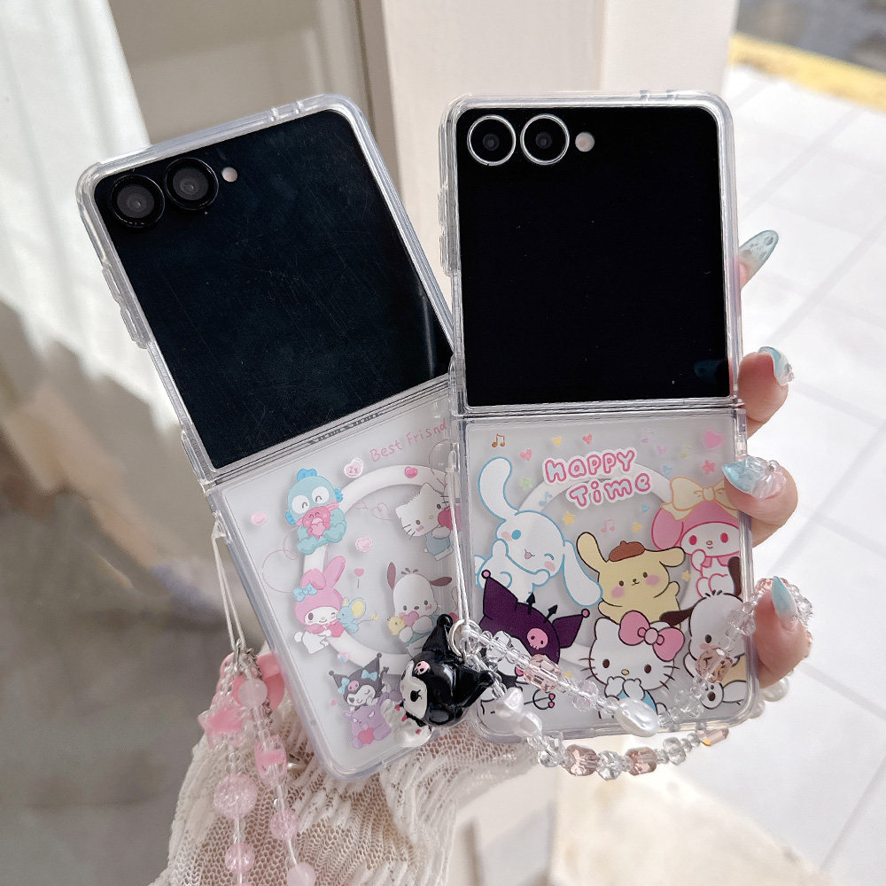 库洛米适用于三星Zflip8磁吸折叠手机壳无线充电美乐蒂Samsung Zflip7透明彩绘硬壳带手链日本动漫三件套