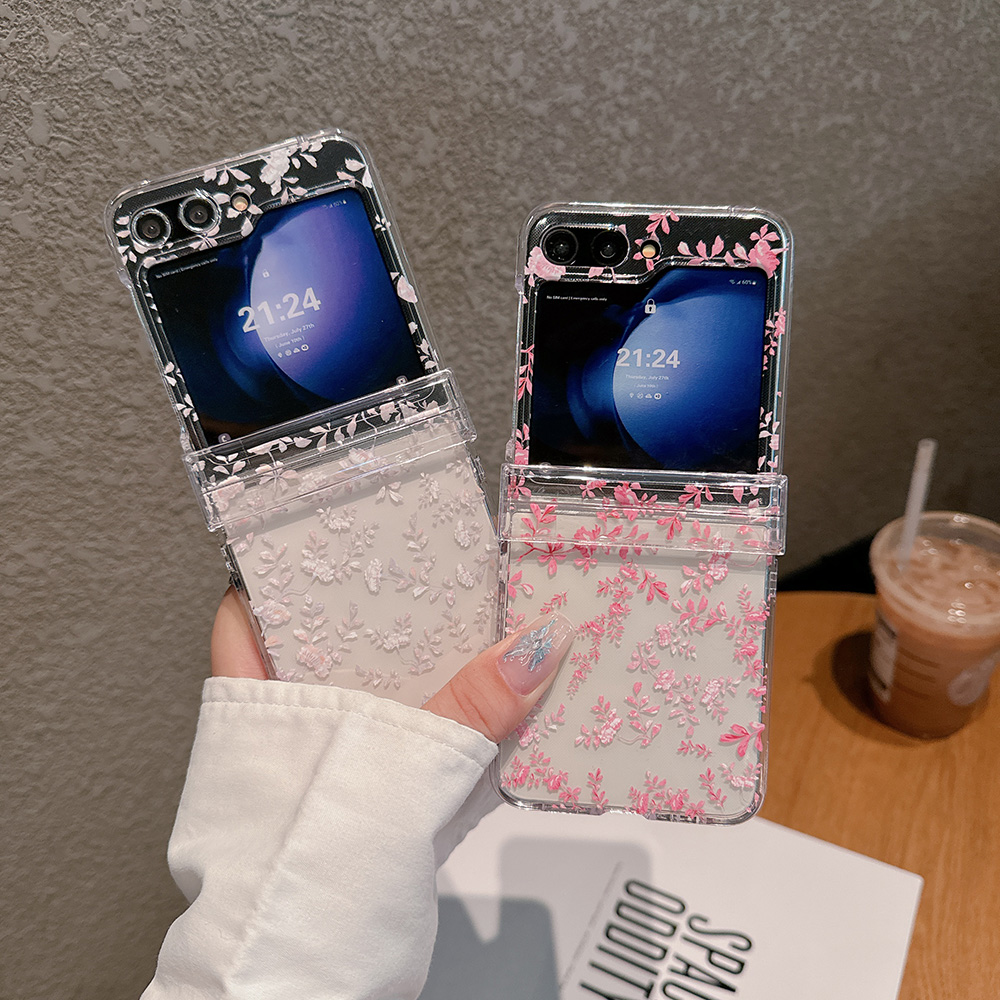 粉花适用于三星Zflip7/Zflip6折叠手机壳云母花 Samsung Zflip5斜挎绳Zflip4镭射Zflip3透明保护套硬壳带挂绳