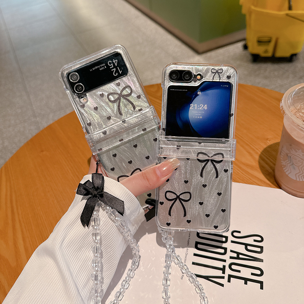 适用于三星Zflip7/Zflip6折叠手机壳爱心Samsung Zflip5蝴蝶结Zflip4带手链Zflip3羽纱透明保护套硬壳带挂绳