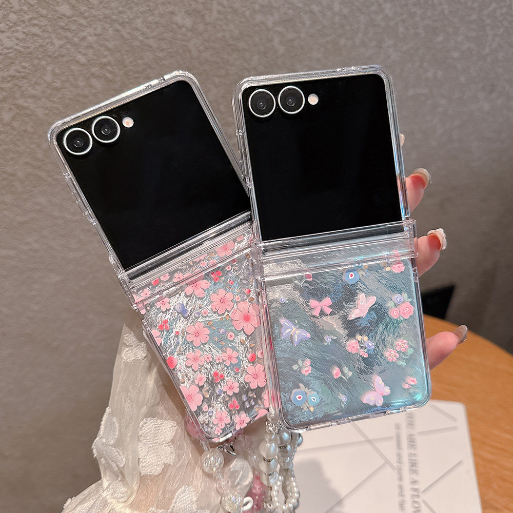粉色樱花适用于三星Zflip7/Zflip 6折叠手机壳小碎花Samsung Zflip 5蝴蝶Zflip7FE带手链Zflip 7透明硬壳