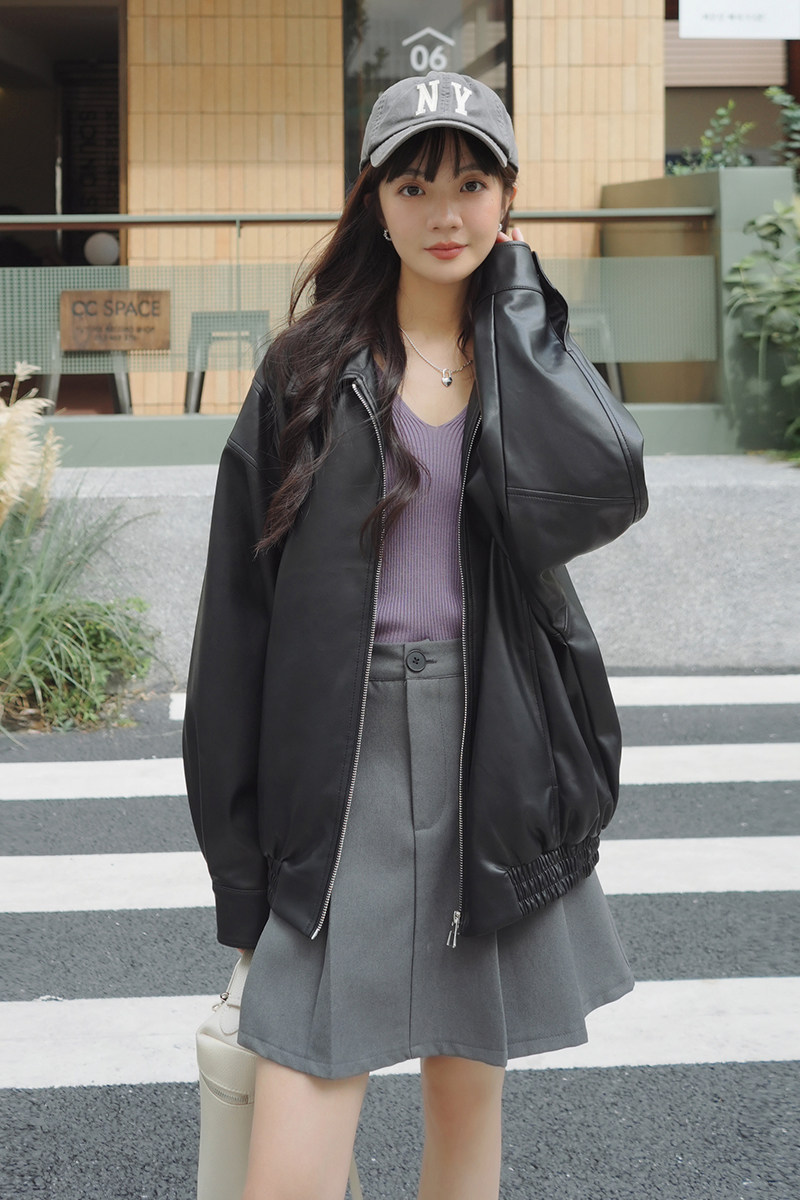 【现货】宽松夹克松紧机车学院风皮衣外套,女装皮衣,2C016
