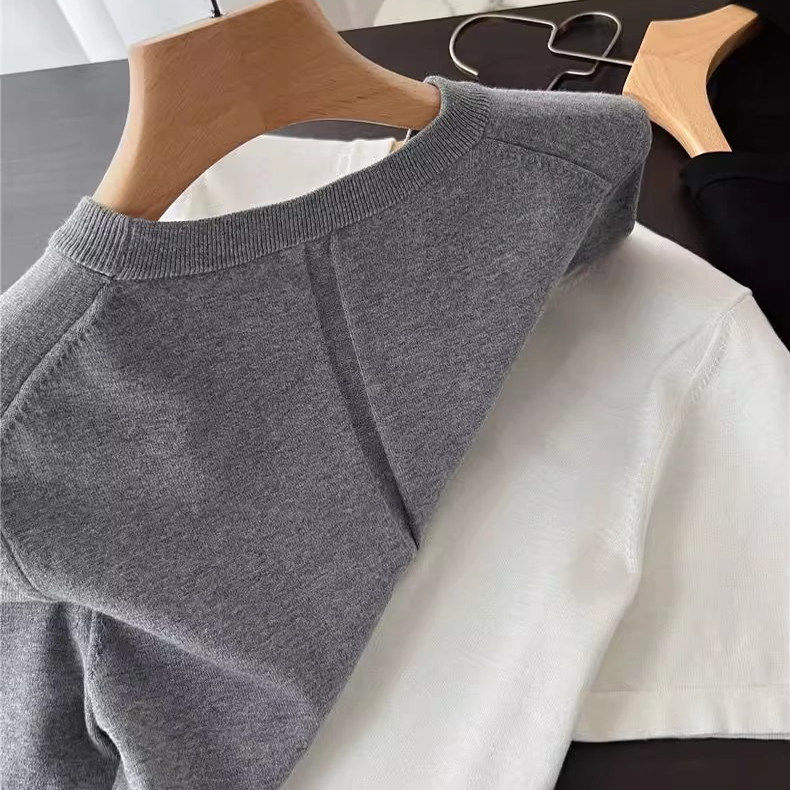 ROW家低调知识份子风~简约基础纯色后中缝圆领百搭短袖针织衫T恤