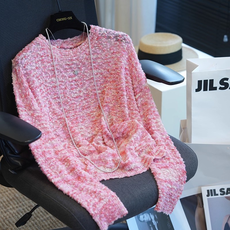 温柔粉色花纱 软糯针织洋气宽松显瘦圆领落肩袖毛衣春女