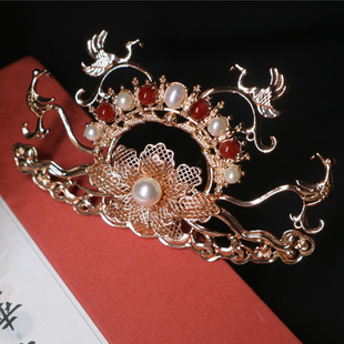 发冠古风顶簪汉服明制头饰雀灵宫廷皇冠复古手工玛瑙花钿唐宋配饰