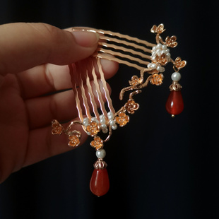 手工簪子古风流苏掩鬓汉服配饰红色鬓帘明宋唐制古典铜镀日常头饰