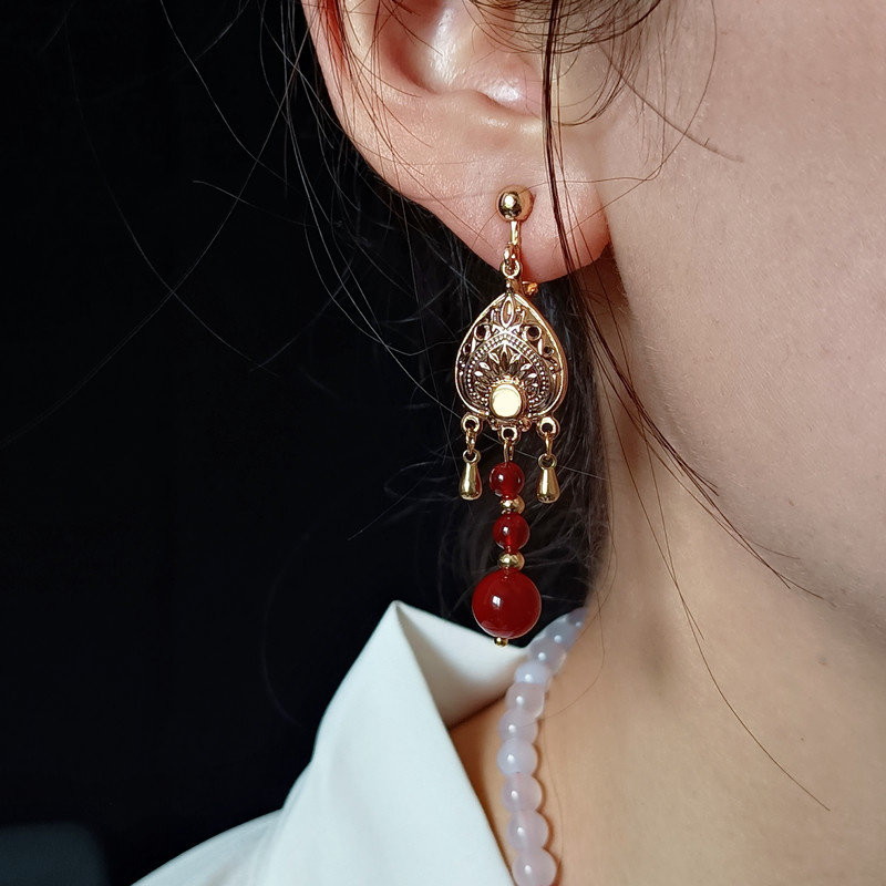 原创古风红色流苏耳环新娘喜庆古典配饰汉服旗袍耳夹保色镀金饰品